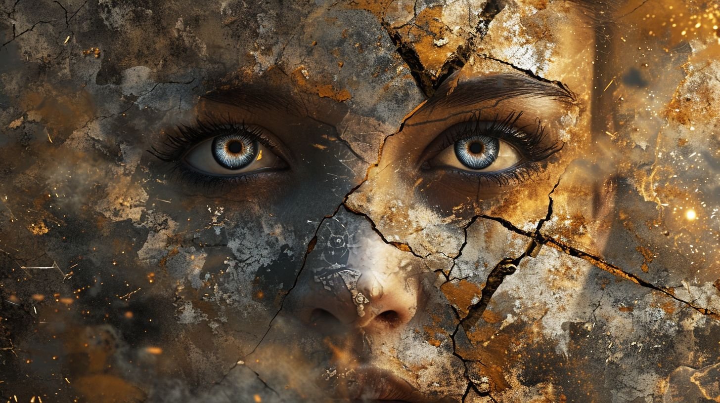 Prompt: Wide photo of a face with geometric fragmentation, appearing like a cracked statue. Earthy colors combine with metallic shades, and there's a hint of smoke and particles surrounding it. The detailed eyes are the most captivating feature amidst the disorderly splits.