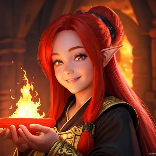 Prompt: oil painting, D&D fantasy, halfling girl, tanned-skinned-female, beautiful, bright red hair, straight hair, rosy cheeks, pointed ears, smiling, looking at the viewer, summoner wearing intricate black and red robes and casting a fire spell, #3238, UHD, hd , 8k eyes, detailed face, big anime dreamy eyes, 8k eyes, intricate details, insanely detailed, masterpiece, cinematic lighting, 8k, complementary colors, golden ratio, octane render, volumetric lighting, unreal 5, artwork, concept art, cover, top model, light on hair colorful glamourous hyperdetailed medieval city background, intricate hyperdetailed breathtaking colorful glamorous scenic view landscape, ultra-fine details, hyper-focused, deep colors, dramatic lighting, ambient lighting god rays, flowers, garden | by sakimi chan, artgerm, wlop, pixiv, tumblr, instagram, deviantart
