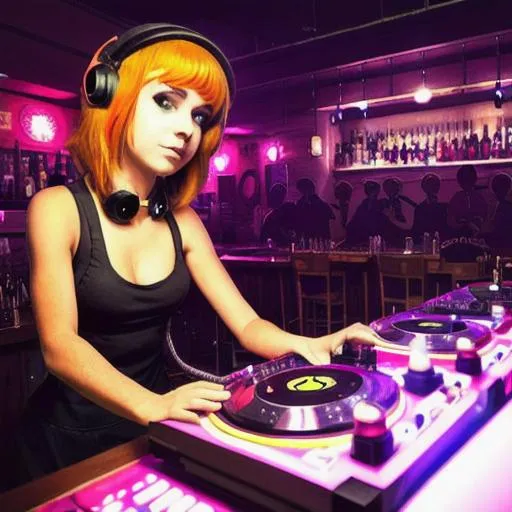 Prompt: girl cat deejay, at the bar at night playing turntables