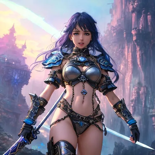 Prompt: WLOP, character concept, watercolor pastel mix,  fighting scene, intricate masterpiece hyperdetailed scenic view landscape 3D breathtaking colorful scenic view anime model of Naomi Scott smiling and scream, chains on background, petite young body, holding hyperdetailed futuristic sword, hyperdetailed futuristic cyberpunk full body tribal cueitl  clothes, hyperdetailed light on body, ultra realistic hyperdetailed soft watercolor clothes wrinkle shading, flying hyperdetailed dark brown hair, twin tails, stray hairs, intricate hyperdetailed beautiful brown eyes, intricate hyperdetailed beautiful gloss lips, intricate hyperdetailed face, complex, hyperdetailed quality 3D anime,  cheerful, happy, smile, smiling, front view,  hyperdetailed very hard colorful pencil strokes lineart, hyperdetailed dynamic action light effect in the air,  colorful glowing glamour sunshine, windy, studio lighting, cinematic light, hyperdetailed light reflection, intricate iridescent glowing glamour colorful light reflection, hyper detailed strong shading, glamorous sky,  impressionist painting, key visual, precise lineart, cinematic, masterfully crafted, 8k resolution, beautiful, stunning, ultra detailed, expressive, hypermaximalist, colorful, rich deep color, brush strokes, pencil strokes, UHD, HDR, UHD render, high quality 3D anime art, 3D render cinema 4D, digital painting, perfect composition, 16k upscaled image, illustration,
