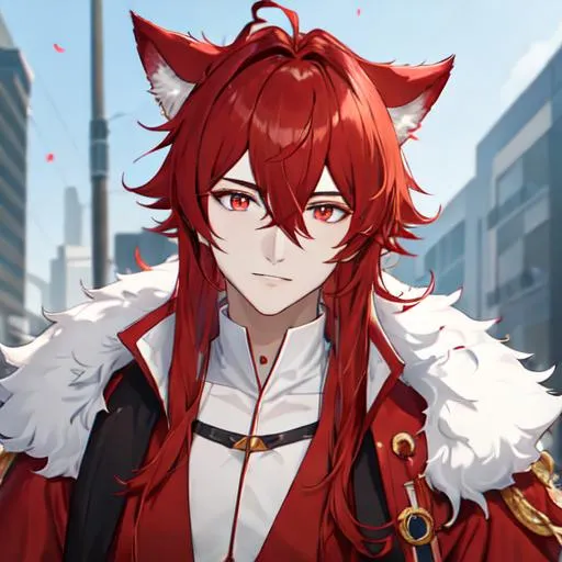 Prompt: Zerif 1male (Red side-swept hair covering his right eye) wearing a wolf costume, UHD, 8K