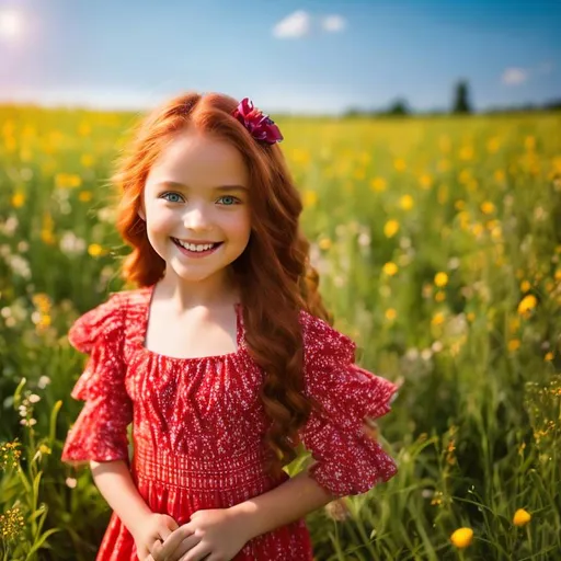 Prompt: Young girl outdoors in the field, child body, child face, (age 7), long red auburn hair, smiling, wearing summer dress, facing the camera, girl (age 7) in the field, red auburn hair, wearing summer dress, smiling, front view, beautiful girl, child body, (age 7), beautiful girl (age 7). The scene is captured with a Sony A7R IV mirrorless camera using a Zeiss Batis 40mm f/2 CF lens. The camera settings are carefully chosen to balance the dark scene with the sharpness and clarity of the image, with an aperture of f/4, ISO 400, and a shutter speed of 1/200 sec. The image is a captivating work of photographic art, skillfully capturing the perfect balance of form and function in a futuristic setting  --ar 3:2 --q 2 --v 5.1