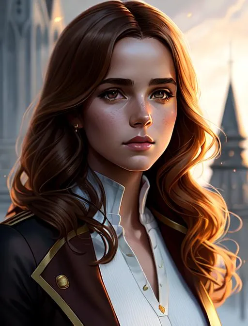 Prompt: Sophia Carson as Hermione Granger in a scene from HarryPotter, brown eyes, battlefield, ethereal, royal vibe, highly detailed, digital painting, Trending on artstation , HD quality, tan skin,artgerm,  by Ilya Kuvshinov 