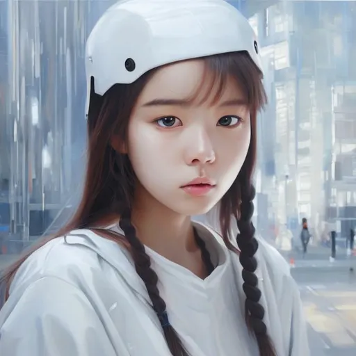 Prompt: Korean girl with white futuristic clothes hiper-realistic oil paint                           