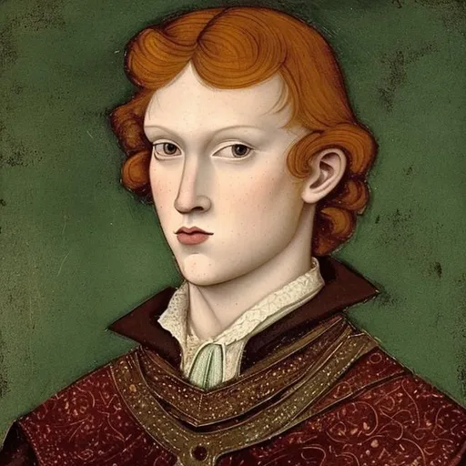 Prompt: Medieval portrait of a slightly feminine looking king, with shoulder length ginger hair, no facial hair. 1800s style medieval portrait 