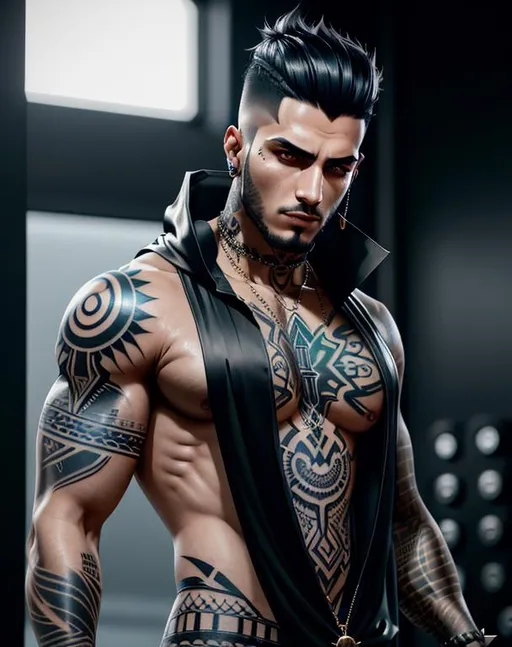 Prompt: perfect composition, {24 year old}, lean heavily tattooed {syrian man} gangster, wearing {long futuristic shirt}, {short spiked dyed hair}, {tribal tattoos}, peak fitness, determined expression, looking at viewer, 8k eyes, detailed face, wlop, stanley artgerm lau, artstation, hd, octane render, hyperrealism intricate details, 8k, cinematic volumetric light, proportional, art trending on artstation, sharp focus, studio photo, intricate details, highly detailed, intricate artwork masterpiece, ominous, intricate, epic, trending on artstation, highly detailed, vibrant, production cinematic character render, ultra high quality model, 