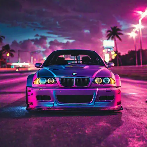 Prompt: 2001 BMW M3 E46 GTR, synthwave, aesthetic cyberpunk, miami, highway, dusk, neon lights, coastal