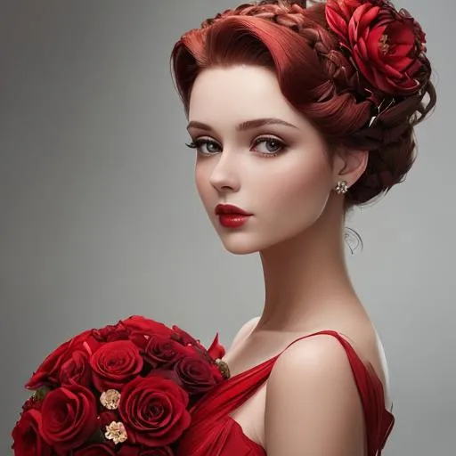 Prompt: Beautiful woman portrait wearing red,elaborate updo hairstyle adorned with flowers