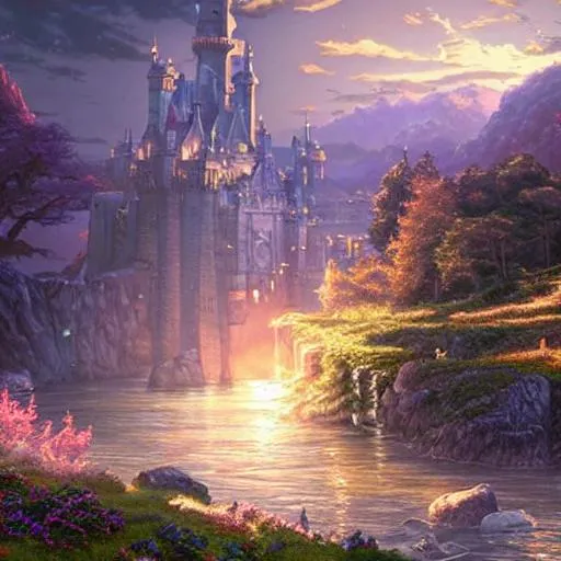 Prompt: Kingdom at the side of a castle, by Makoto Shinkai and Thomas Kinkade, fantasy matte painting, trending on cgsociety and unreal engine，light effect，highly detailed，super wide angle，beautiful rivers flowing nearby, irrigation, farms, cobblestone houses and huts, a large stone wall in the background, cozy, sunset