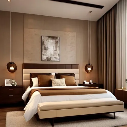 Prompt: create a modern bedroom with beige and brown theme

