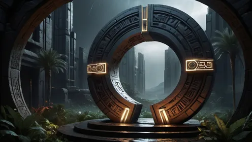 Prompt: magical portal between cities realms worlds kingdoms, circular portal, ring standing on edge, upright ring, freestanding ring, hieroglyphs on ring, complete ring, ancient babylonian architecture, gardens, ruins, turned sideways view, futuristic cyberpunk tech-noir setting, dark night, rain