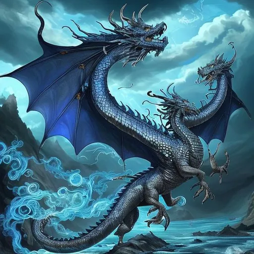 Prompt: Fantastic, d&d, We see the green and blue dragon landed next to the quickly flowing river surrounded by trees, stretched his beautiful blue wings swirled with gleaming silver, sunlight reflecting from the metallic wing scales. The dragon catches a fish in the river with his talons. The sky is a dark storm of black and grey clouds and lightning flashes, allowing us to see faint forms of more dragons in flight in the distance, visible only because lightning illuminates their metallic wings. This is a magical place where magic infuses every tree, rock, and creature. Does the dragon have a name, the knight wonders. Landscape, Hyperrealistic, 8k