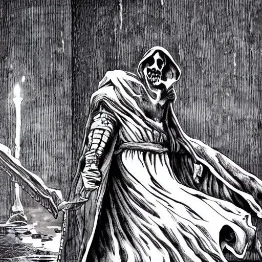 Prompt: Grim reaper standing up while tears falls, with death bodies underneath his feet. A dark room with a large colored in the style of Berserk, by Kentaro Miura