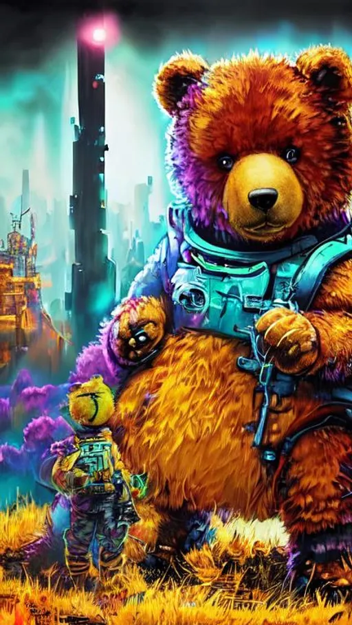 Prompt: Weird colorful teddy bears, nuclear wasteland, assembly line, cloning, mech, guns, hyper detailed, very colorful 