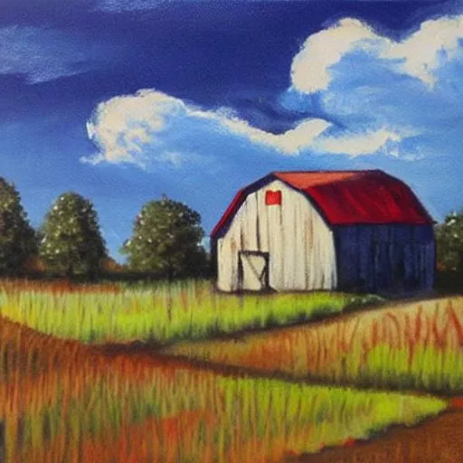 Prompt:  painting by Bob Ross of a barn
