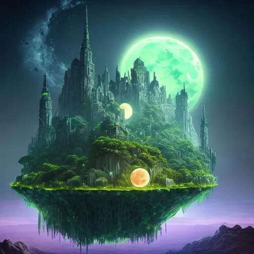 Prompt: a green moon in a dystopian fantasy floating island filled with nature