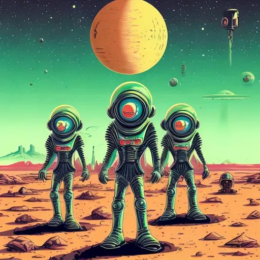 Prompt: Retro sci-fi aliens on a desert planet, in the style of retro futurism 