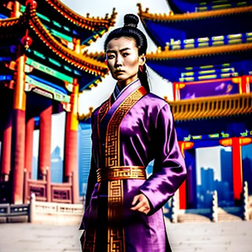 Prompt: A captivating image emerges - an Asian woman donning a unique fusion of Eastern and Western attire. Her long necktie adds a touch of formality, while her overcoat robe makes her outfit look like a business suit. She radiates strength, resembling a modern-day terra cotta warrior. The scene is set amidst the backdrop of domed Chinese buildings, evoking a realistic and picturesque landscape. The photograph captures the essence of this intriguing blend, inviting viewers to delve deeper into the fusion of cultures.