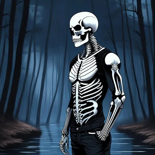 Prompt: 1skeleton, {{{masterpiece, masterful}}}, full body  skeleton, highres, {no hair},{no eyes}, , {no hair}, {{{casual clothes, hoodie (black), jeans (black)}}}, skeleton wearing black shirt and jeans staring into woodland river