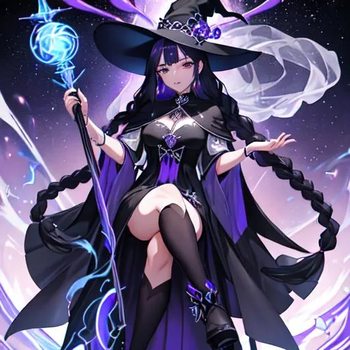 Prompt: A lady with dark blue hair with two long braids going to the ground. with a black and purple witch hat, wearing a black dress with purple, with a long black starry shawl going to her knees. while she is holding a long staff with a floating blue orb at the end