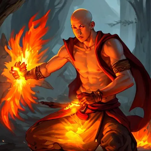 Prompt: fantasy monk fighting using fire