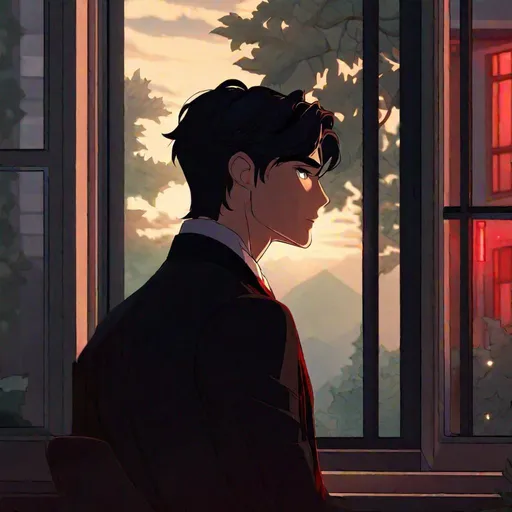 Prompt: Damien (male, short black hair, red eyes) staring out the window, in love