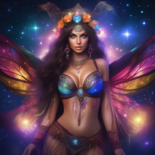 Prompt: A complete body form of a stunningly beautiful, hyper realistic, buxom woman with incredible bright eyes wearing a colorful, sparkling, dangling, glowing, skimpy, boho, flowing, sheer, fairy, witches outfit on a breathtaking night with stars and colors with glowing, detailed sprites flying about