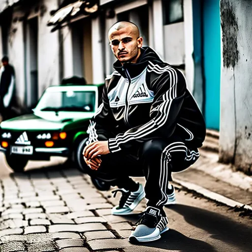 Prompt: Squatting Slav in black Adidas track suit. Shaved head. Grubby eastern European street with Lada vehicle.