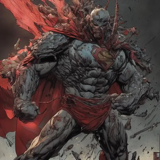 Prompt: Todd McFarlane ronin superman variant with big beautiful wings Oriental. muscular. dark gritty. Bloody. Hurt. Damaged. Accurate. realistic. evil eyes. Slow exposure. Detailed. Dirty. Dark and gritty. Post-apocalyptic. Shadows. Sinister. Intense. 