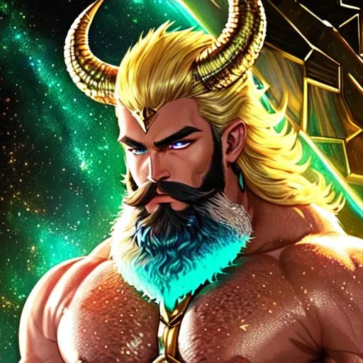 Prompt: hyper-muscular super handsome, full body image, golden-green alien male god, scaly reptilian skin, iridescent colored scales, blonde hair and red sparkly beard, realistic, accurate fine facial features, dynamic, defined, confirmed, conformed, fabulous, gorgeous, cropped beard, black steer-like horns at temples, bald head, wearing a pair of teal blue speedo swim briefs that are bulging in front, standing on a white sand beach in Hawaii at dusk