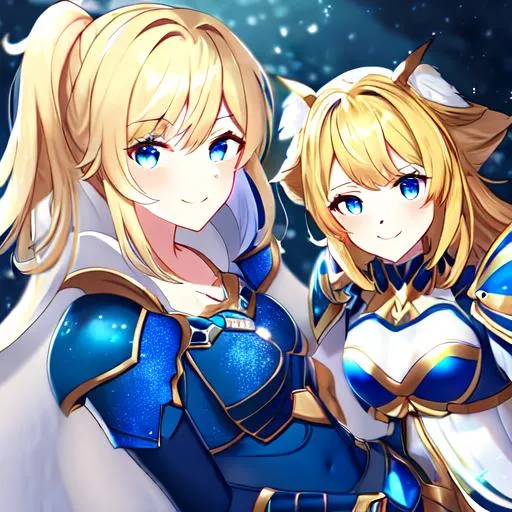 Prompt: a blonde angelic warrior with blue eyes, with heroic armor and sheild with a slight smile 