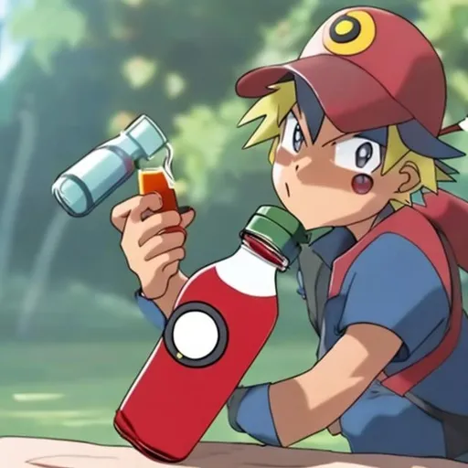 Prompt: ash from pokemon drinking a bottle of ketchup
