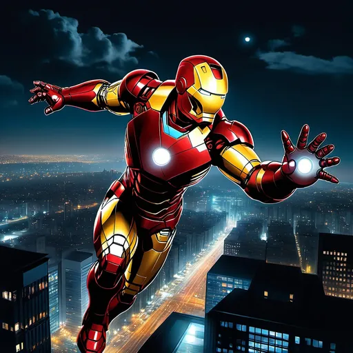 Prompt: Iron Man flying over a cityscape at night.