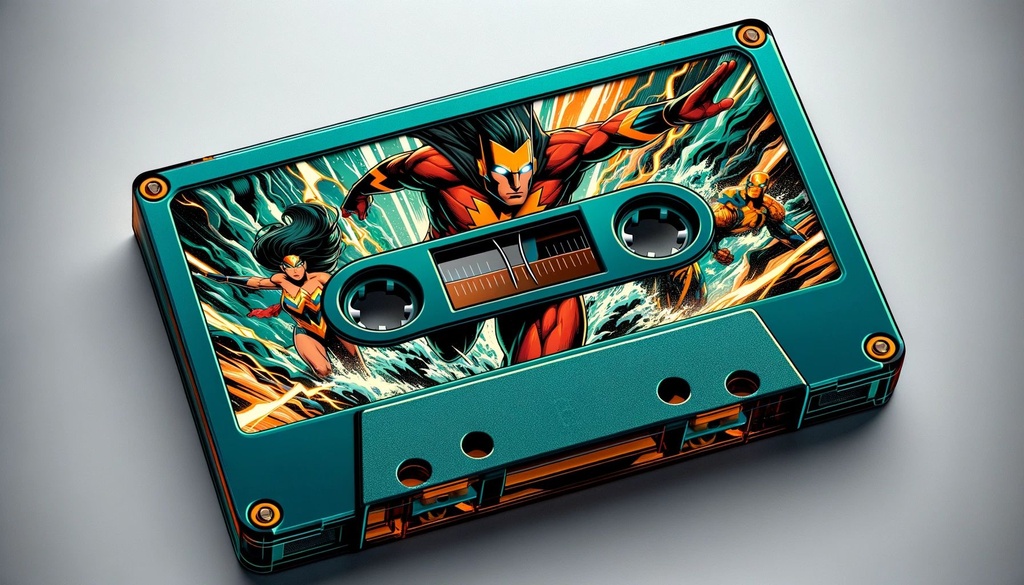 Prompt: Digital render of a cassette tape in a style inspired by DC comics, featuring dynamic action-packed graphics, with dark aquamarine and amber as dominant colors.