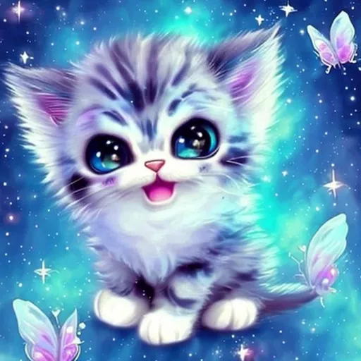 Prompt: Cute fluffy kitten in space butterflies 🦋 