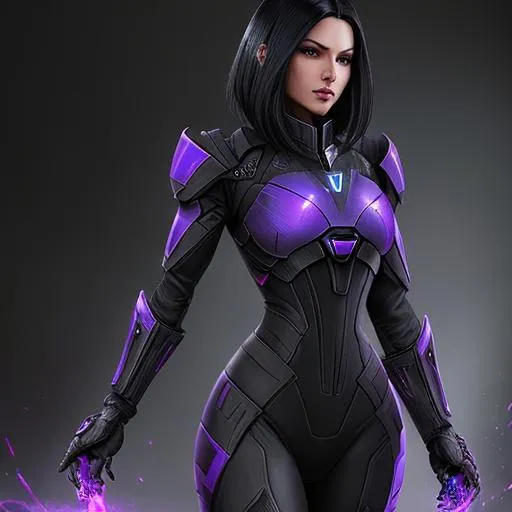 Prompt: A woman with {black} hair and {purple] eyes wearing armor {Mass effect vibe} 