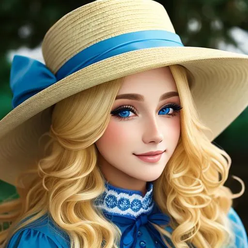 Prompt: A beautiful woman dressed in blue, long  blonde very curly hair, facial closeup, cute hat