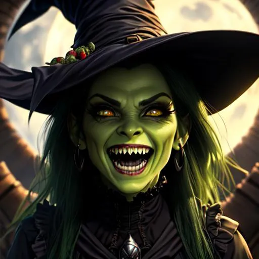 Prompt: head shot, detailed painting, skinny scary ugly witch, laughing, green skin, black hair, outdoor, evil, sharp teeth, manical, HDR, UHD, 64K, highly detailed, studio lighting, Professional, trending on
artstation, harvest moon