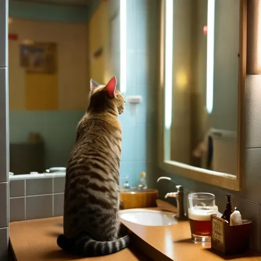 Prompt: A cat is in a public restroom holding a pint glass of beer and looking at a reflection of itself into the mirror with a confused expression 