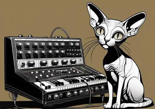 Prompt: ((art by tim burton)), [goth:alternative:.2], sphynx cat playing a modular synth,  best quality, masterpiece, illustration,  super detailed, HDR, 64K, RPG,