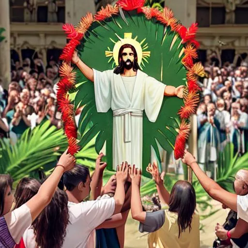 Prompt: people holding small crosses palm leaves to cheer Jesus on the Cross 4k