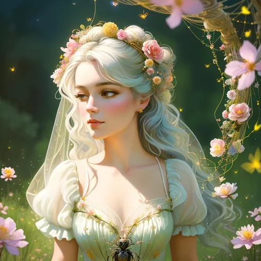 Prompt: portrait painting of a beautiful girl, style of fragonard and Yoshitaka Amano (white hair with flowers, messy), ropes, brigfht, daytime, ((daytime meadow background with light shafts)), bioluminescent, (wearing intricate frock), vines, delicate, bright colors, soft, fireflies, (((spiders, spider webs, webs))), silk, threads, ethereal, luminous, glowing, dark contrast, celestial, ribbons, trails of light, 3D lighting, soft light