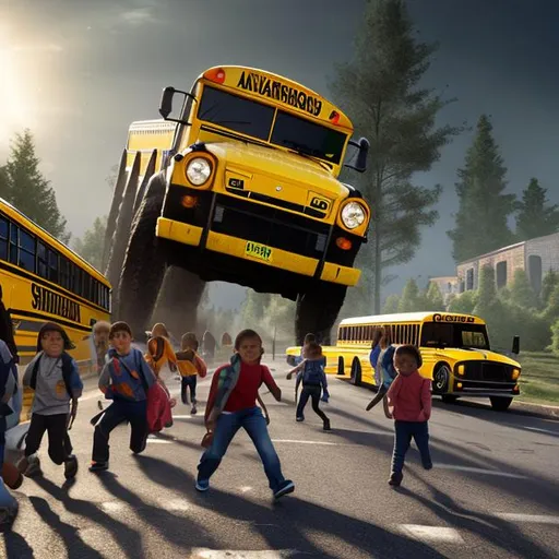 Prompt: UHD photorealistic allosaurus attacking a school bus with a church group inside 