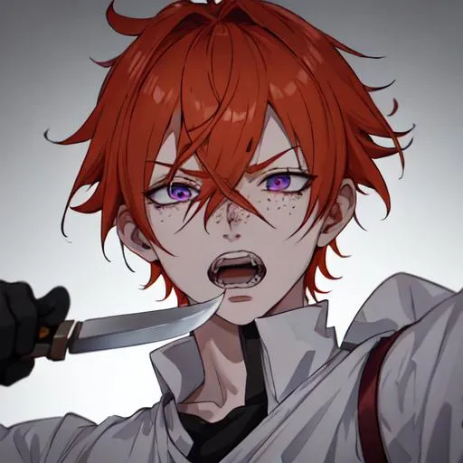 Prompt: Erikku male adult (short ginger hair, freckles, right eye blue left eye purple) UHD, 8K, Highly detailed, insane detail, best quality, high quality, covered in blood, covering his face with his hand, wide eyes, insane, fear, threatening, laughing, angry, fighting, psychopathic, anime style, pointing a knife at the viewer, bleeding out