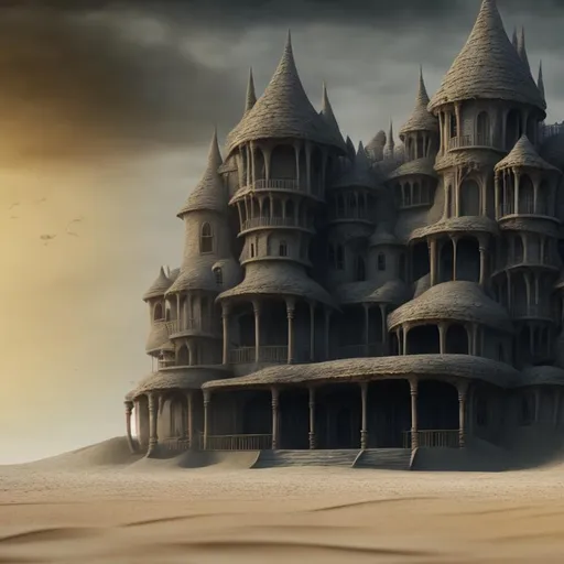 Prompt: concept art of a huge and sinister house emerging from the sand, intricate scene ultra fine details, gloomy, dreadful, surreal, sharp focus, UHD, 8k