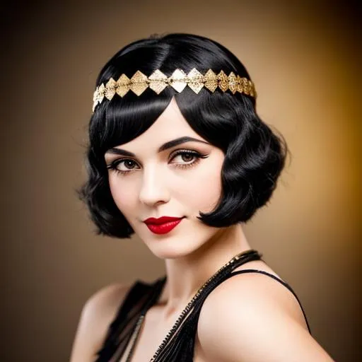 1920s flapper with very black hair and a gold headpi... | OpenArt