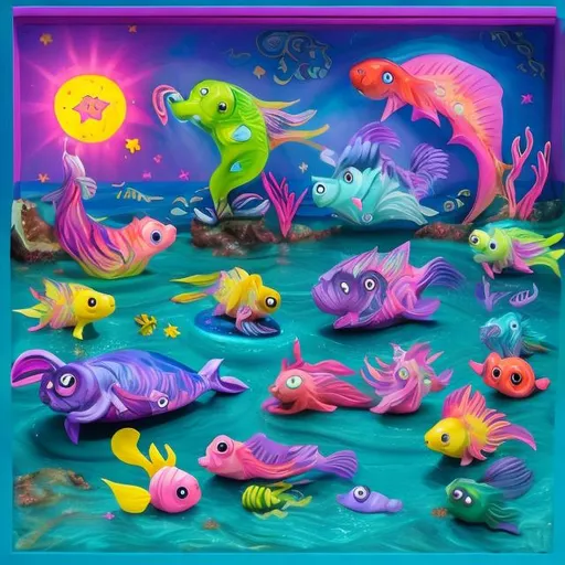 Prompt: Lisa frank style creatures in the ocean at night diorama