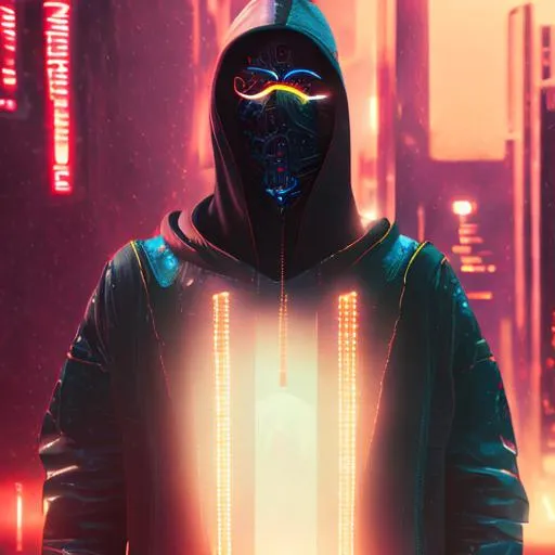 Prompt: Quality, 8k, cyberpunk, neon back lighting, masked hooded figure