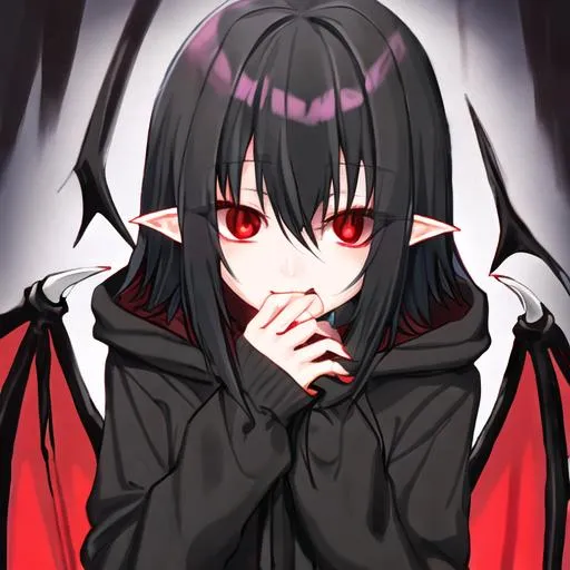 Prompt: shy vampire girl with black hoodie black hair red eyes 