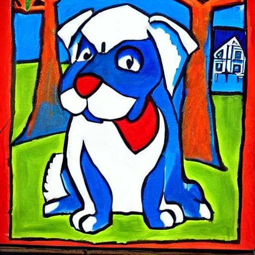 Prompt: Create George Rodrigue style artwork about Wilmington Delaware. Please create the artwork in the style of George’s Blue Dog artwork. 